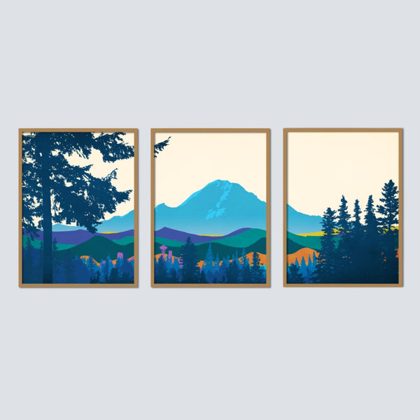 Set of 3 Abstract Mt Rainier Art Prints in Vibrant Colors.