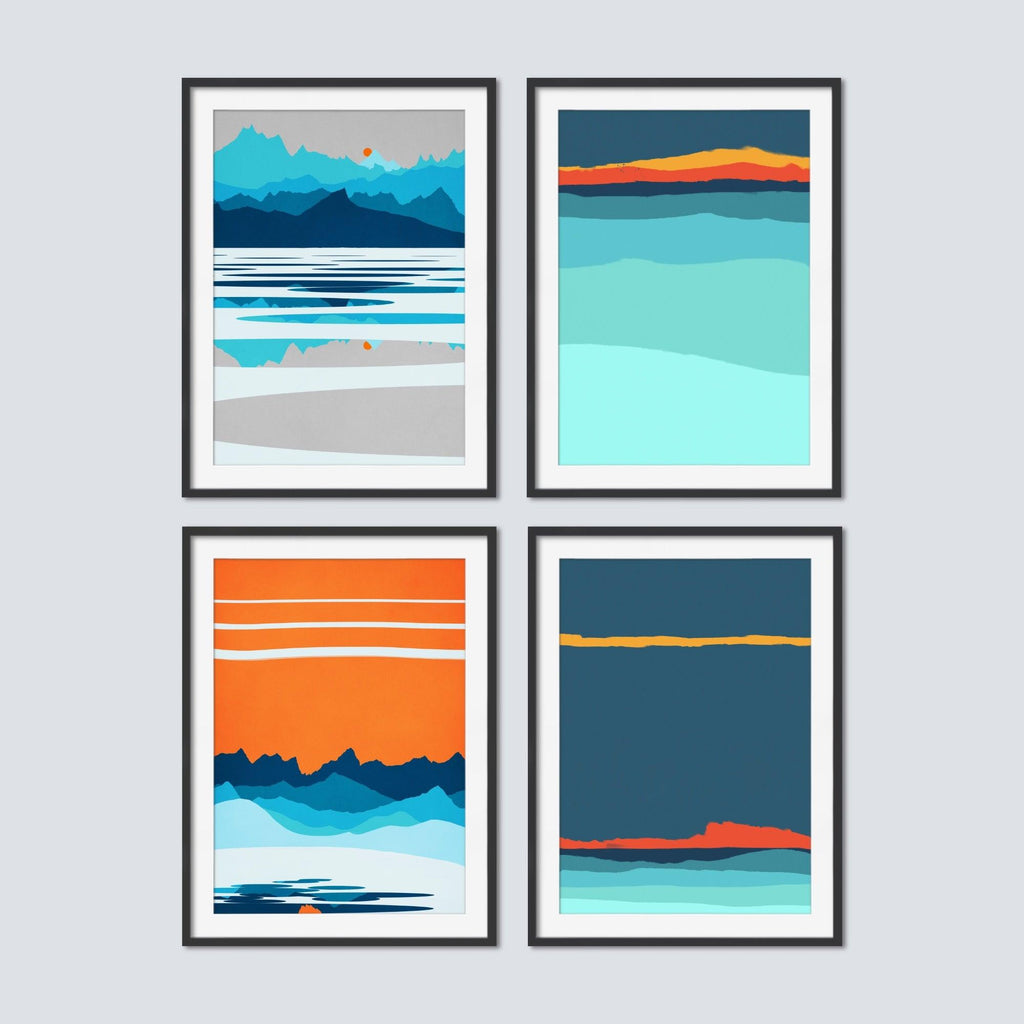 4 Piece Scandinavian Abstract Print Set in Shades of Blue and Orange.