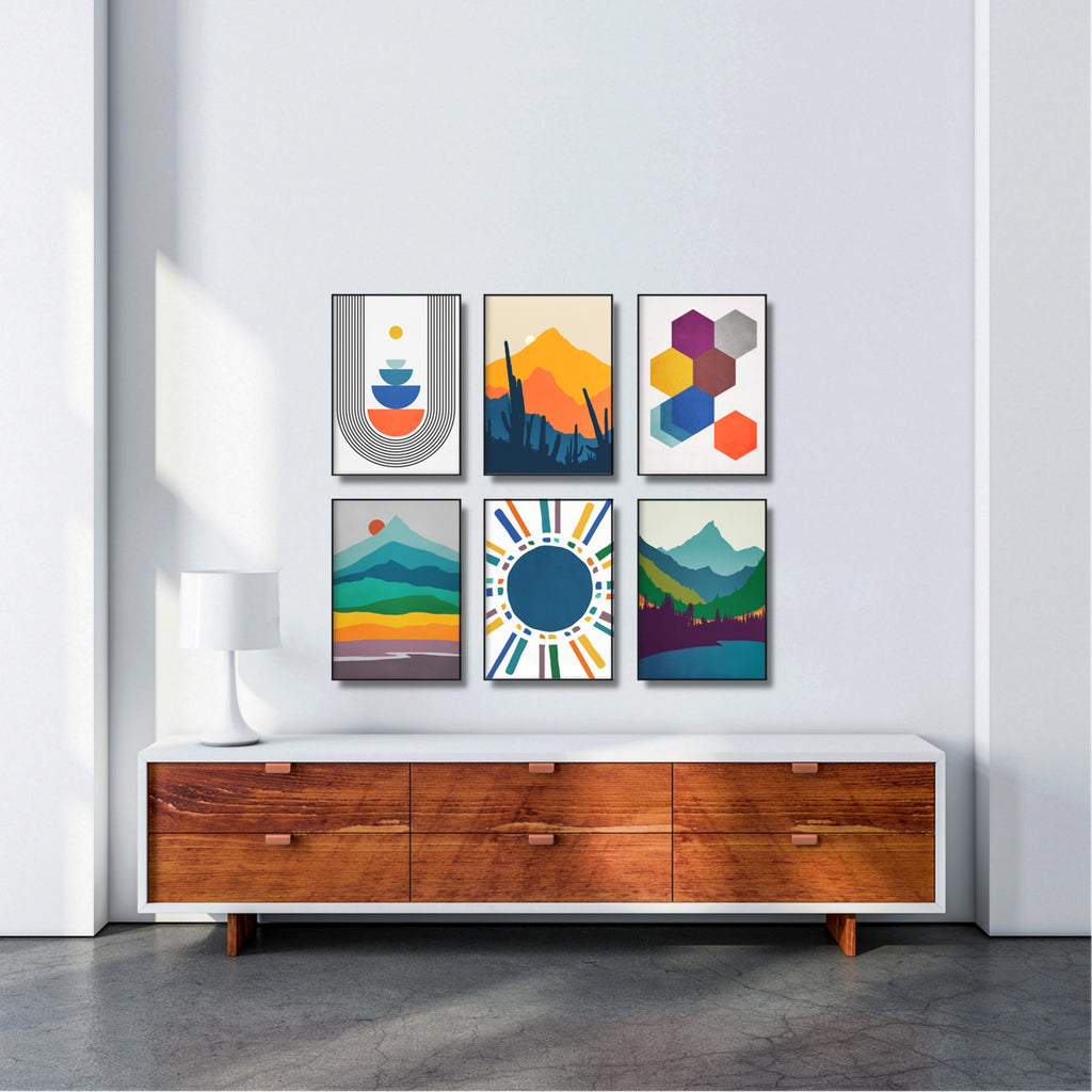 A gallery wall set of six of our popular mid century modern art prints featuring 3 landscapes and 3 abstract prints.