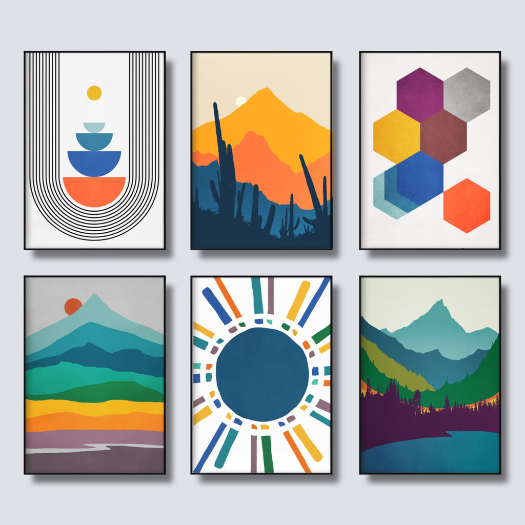 Mid Century Modern Gallery Wall Art Set in Vibrant Hues.