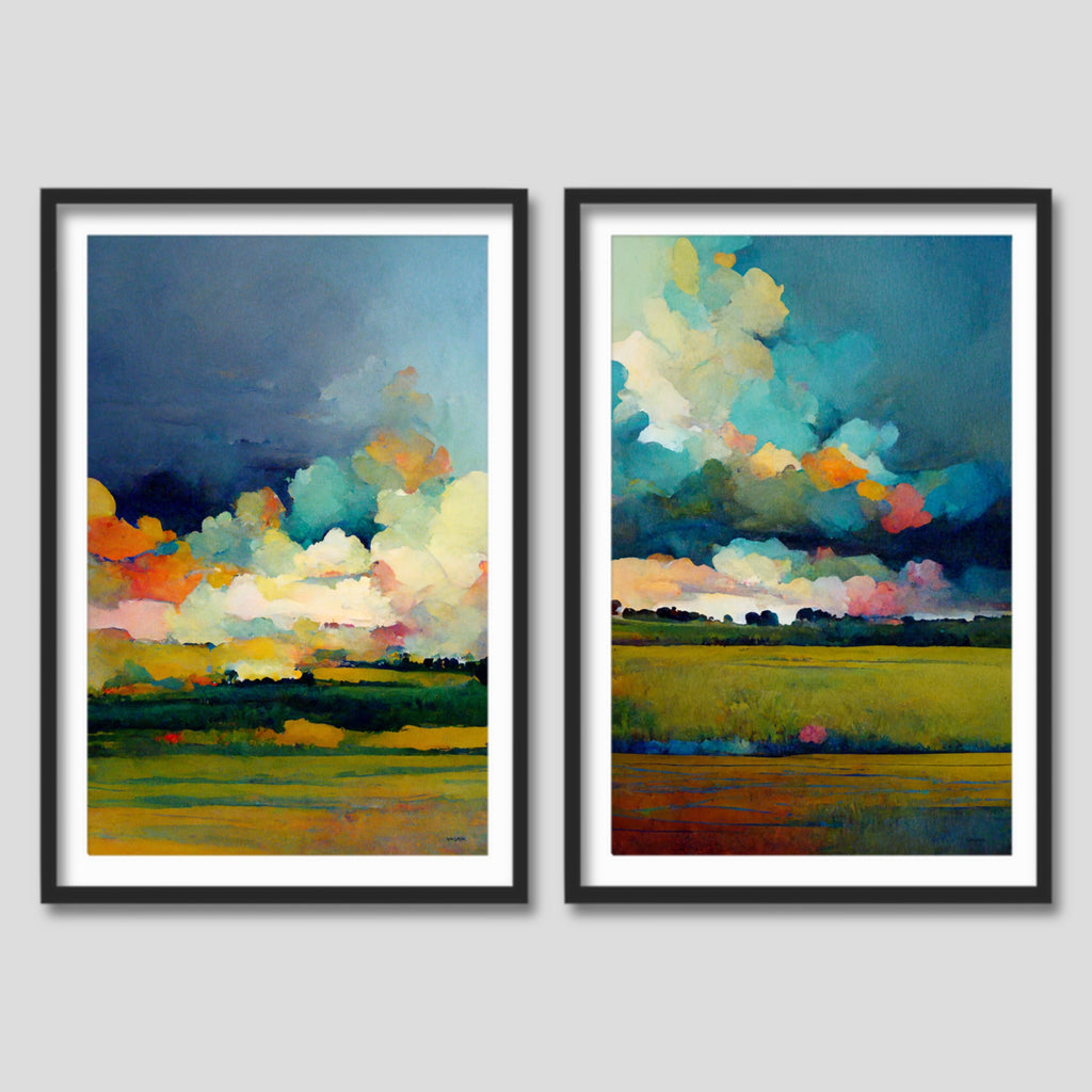 Set of 2 Texas Landscape Paintings featuring colorful clouds over countryside.