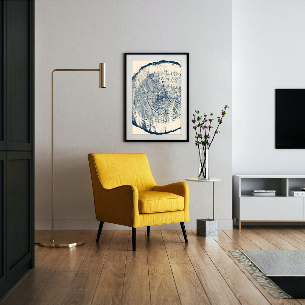 Our popular tree ring wall art featuring a Douglas Fir in navy blue and cream. 
