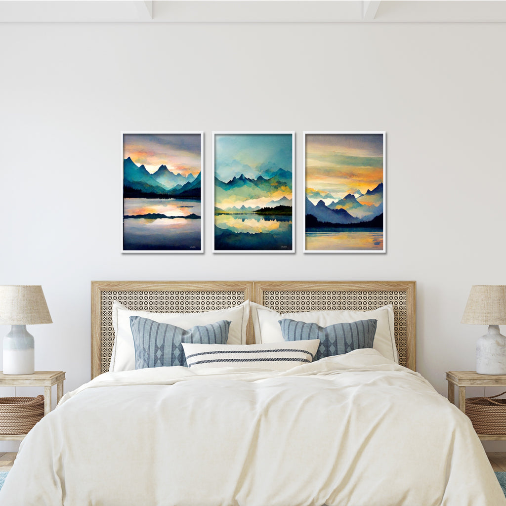 An abstract landscape print set featuring mountains reflecting in water.