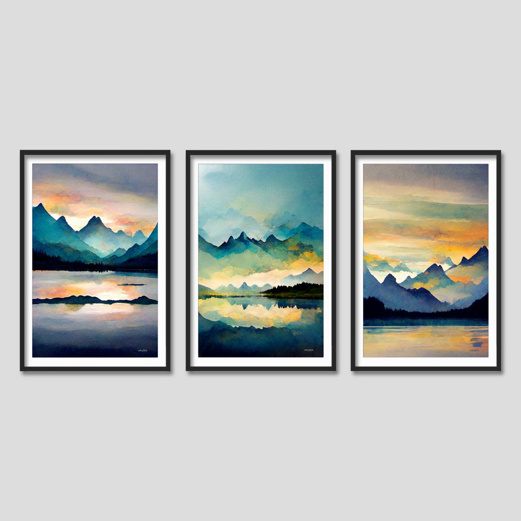Coastal Watercolor Nature Art Print Set in Warm Sunset Colors.