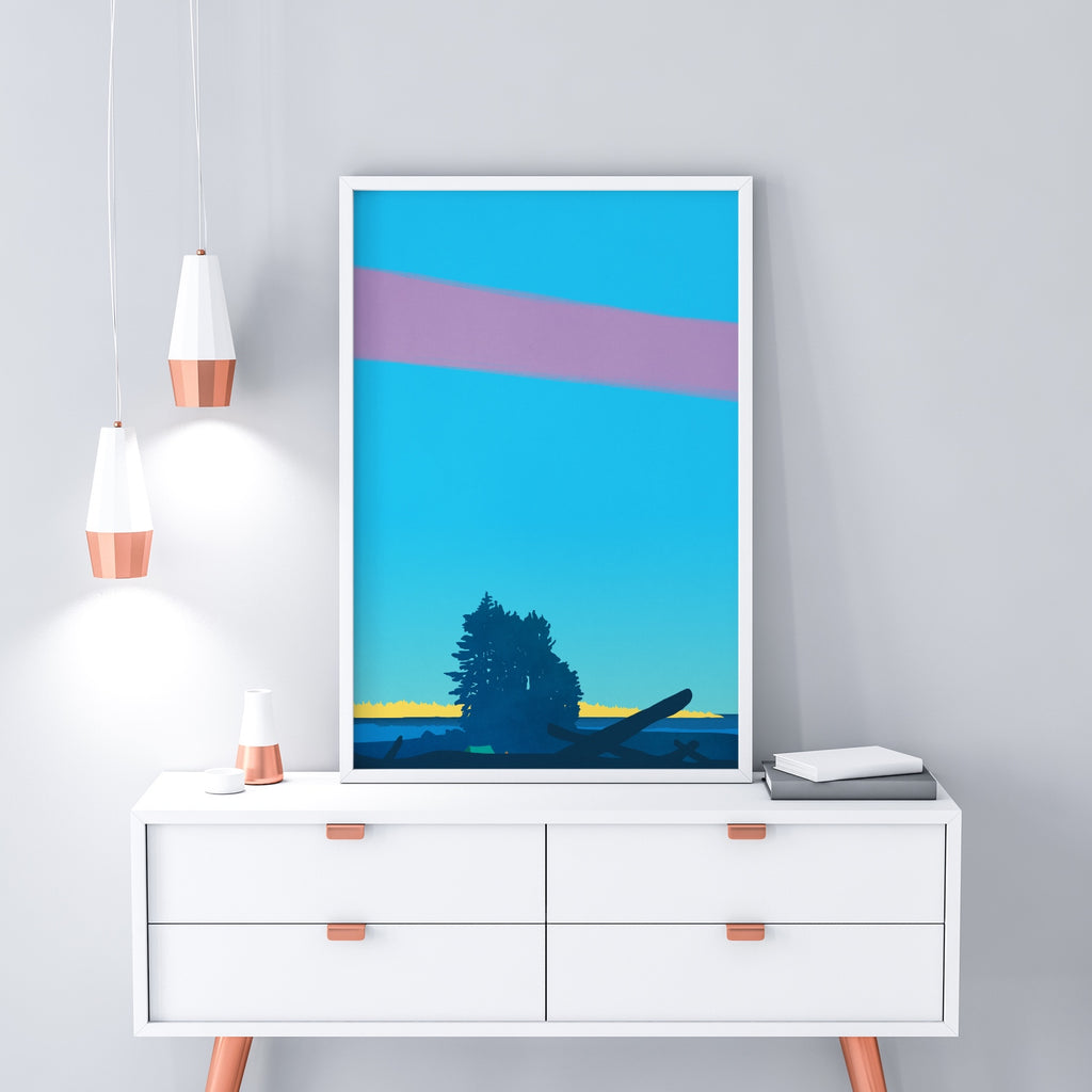 A minimalist landscape wall print featuring a campsite on a wild Pacific Northwest beach. 