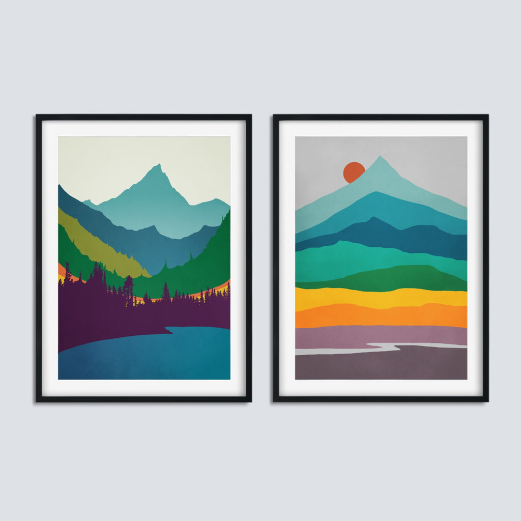 2 Piece Mid Century Modern Mountain Art Set in Vibrant Hues.
