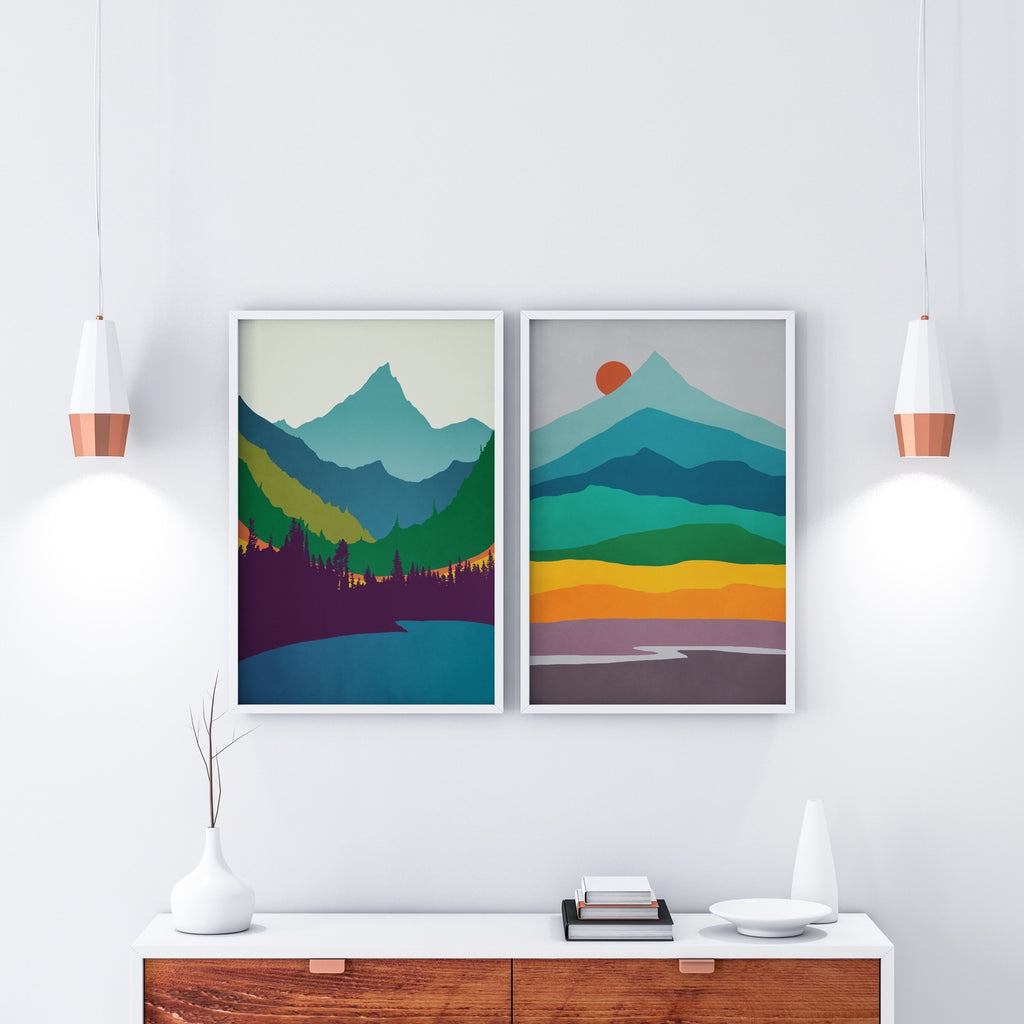 A set of two mid century modern landscape art prints on fine art paper or canvas, framed or unframed.