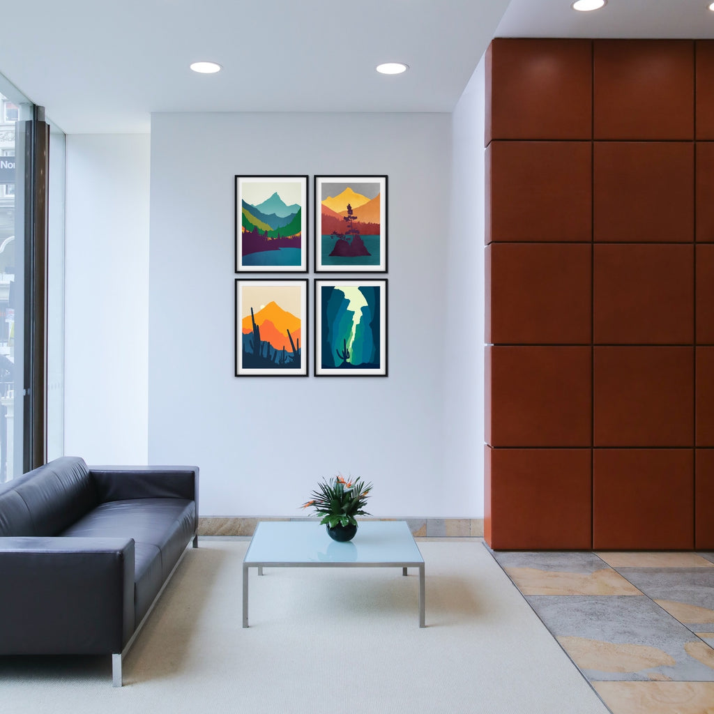 A set of four of our popular mid century modern inspired landscape prints on fine art paper or canvas, framed or unframed.